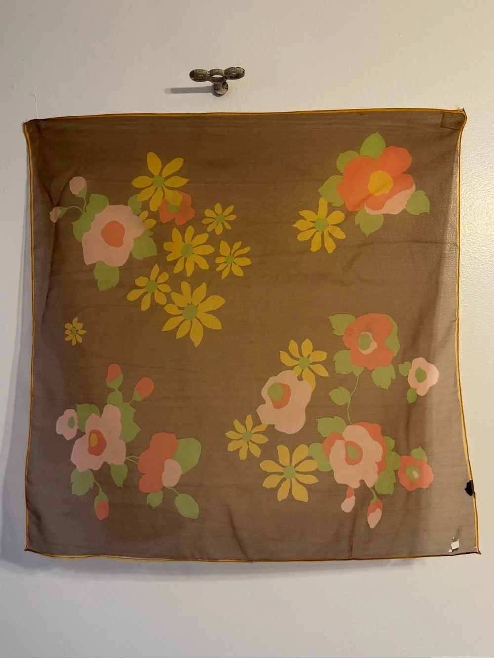 Vintage 1960s 70s Sheer Brown Floral Square Scarf.